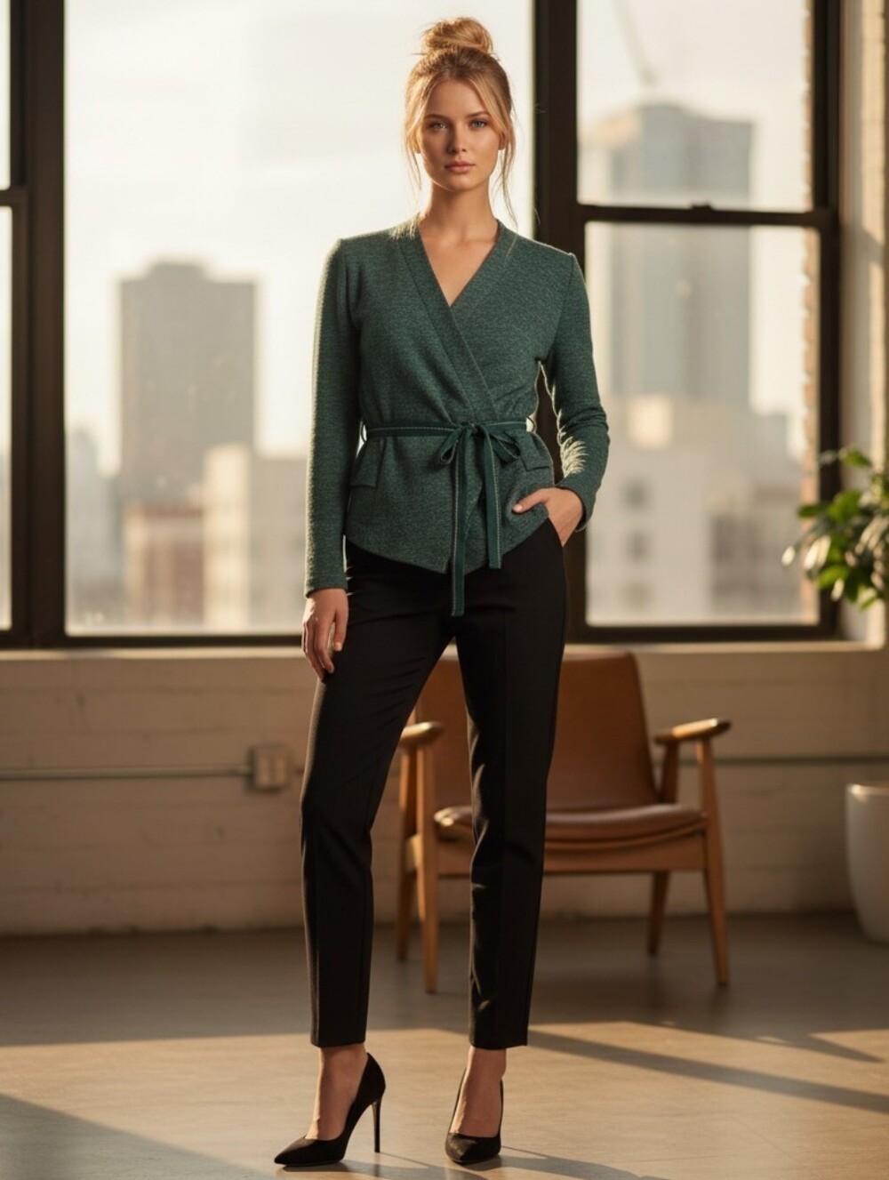 Cartonnier Dark Gray Wrap Blazer with Green Tie Belt
